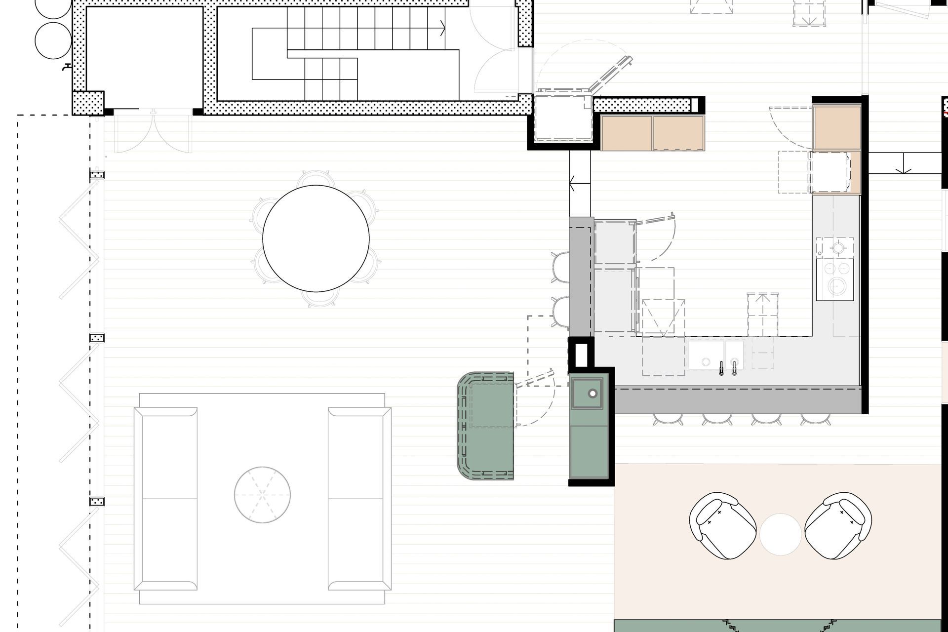 The floor plan illustrates how High Life has been thoughtfully reconfigured to maximise space, light and functionality within an inner-city apartment. Carefully planned living areas, bespoke joinery and a refined material palette create a home designed for entertaining while providing calm, beautifully crafted spaces for everyday living.