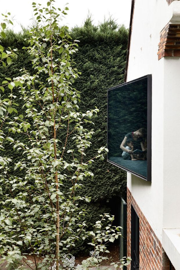 Exterior view of a narrow, densely planted courtyard beside a contemporary white-rendered and red-brick building. A large dark-framed window projects from the wall and reflects a seated person and surrounding greenery. The building includes a small projecting brick detail near the upper right, with tall hedging and slender leafy trees filling the garden space.