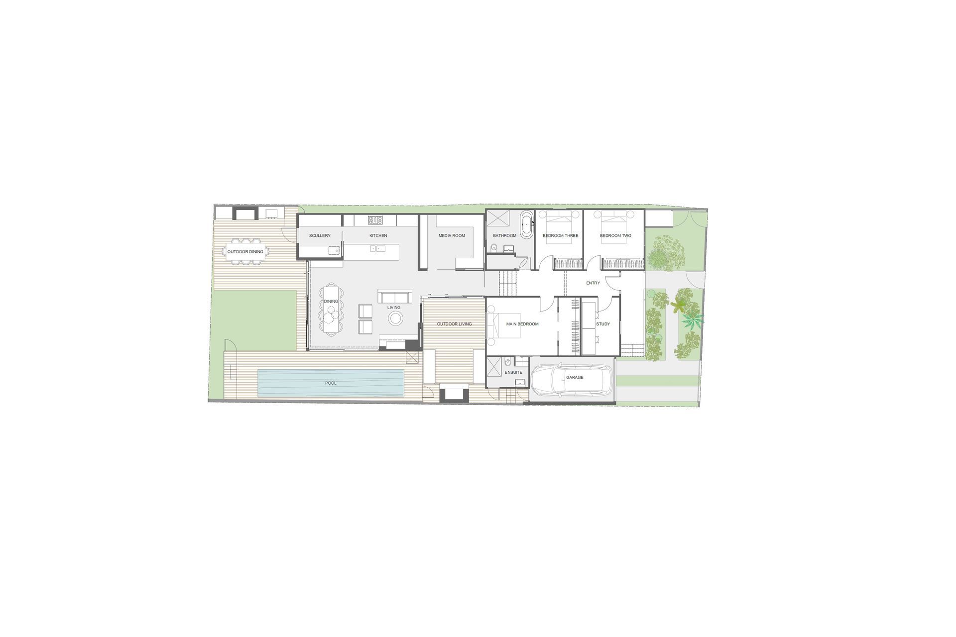 Architectural floor plan by Rogan Nash Architects illustrating the thoughtful planning of The Stage and The Cave, a heritage villa renovation in Ponsonby. The plan shows the relationship between the original character spaces and the carefully considered additions, creating a contemporary family home with flexible living areas, private accommodation and strong connections to the garden.