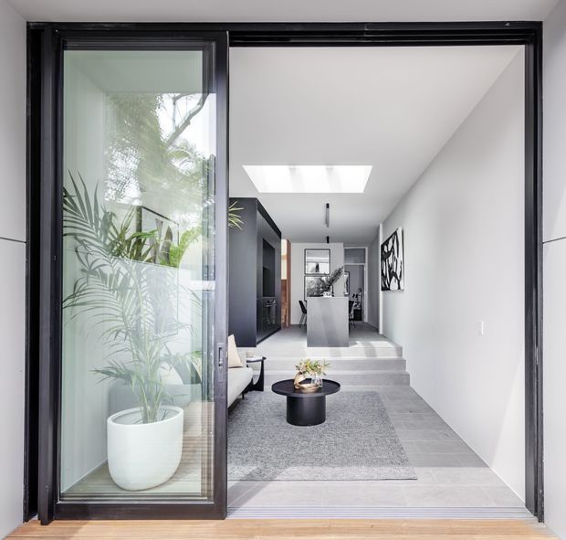 Bright contemporary home entry viewed through a large black-framed glazed door. The space features a white hallway and living area, grey tiled flooring, a grey rug, short steps leading to a raised kitchen or dining zone, dark built-in joinery, a skylight, and minimalist black-and-white artwork. A tall indoor plant is visible in the glazed entry enclosure, with timber flooring at the threshold.