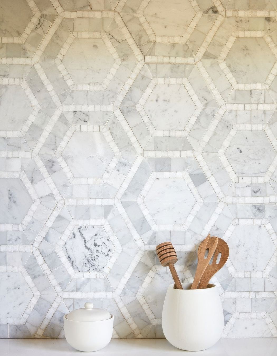 Carrara Marble and White Splashback Tiles