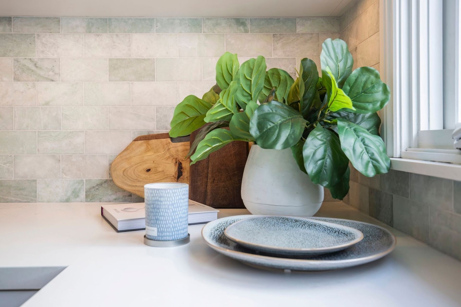 Opal and Green Subway Tile Splashback