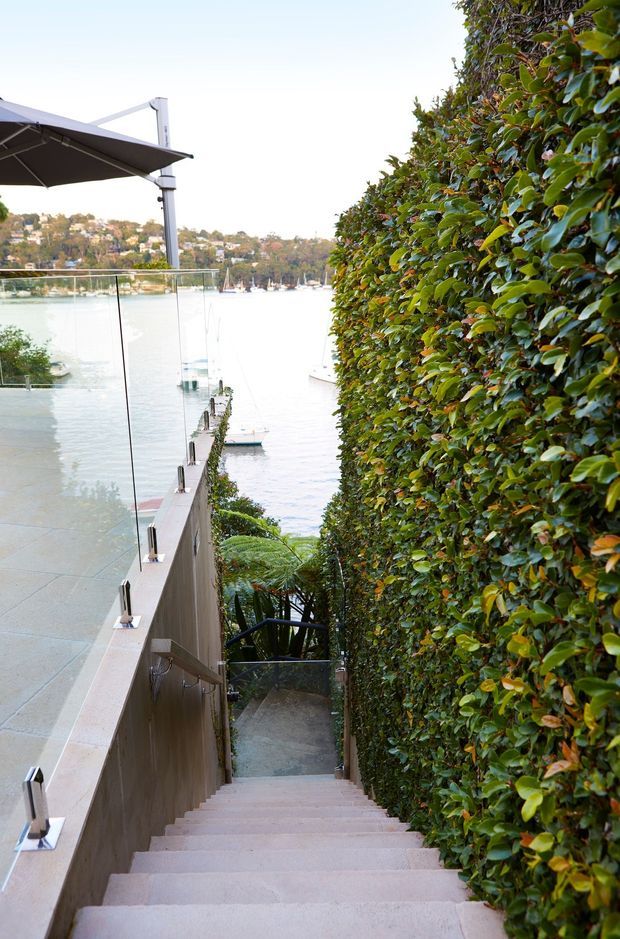 A descending exterior staircase leads from a waterfront terrace toward the water. The stairway is bordered by a tall dense hedge on one side and a glass balustrade on the other, with a large cantilevered shade canopy over the terrace. Boats, calm water, and a leafy residential shoreline are visible beyond.