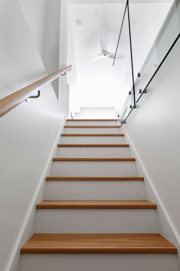 Bright minimalist interior view looking up a narrow staircase. The stair treads have warm natural timber nosings and white risers, with white walls, a timber handrail, and a frameless glass balustrade secured with dark fittings. A white ceiling fan and recessed lighting are visible at the upper landing.