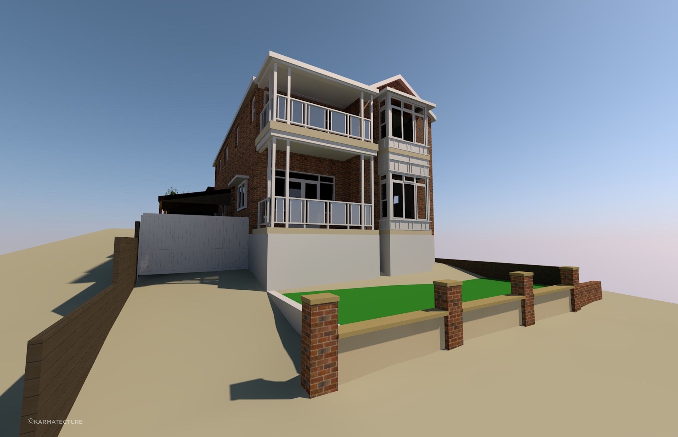 New balcony works include new, safer handrail detail and taller doors with new sidelights.Uncomfortable projections on ground and first floor have been transformed into bay windows to embrace the water and park views. No shading is required as they face due south. Modified front fence with sandstone capping and rubble render.