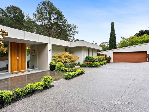 Single-storey modern residence with a flat-roofed white rendered facade, timber front door, glazed entry, landscaped garden beds, and a detached-looking garage with a warm timber garage door. A broad concrete driveway dominates the foreground.