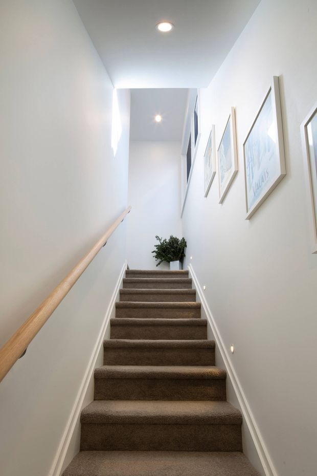 A bright, narrow residential staircase and landing viewed from below. The stairway has fully carpeted brown-beige treads and risers, white walls and trim, a simple light timber handrail, recessed ceiling lights, and small wall-level step lights. Framed artwork lines the right wall, with a potted plant at the upper landing. The space is clean, contemporary, and softly neutral.