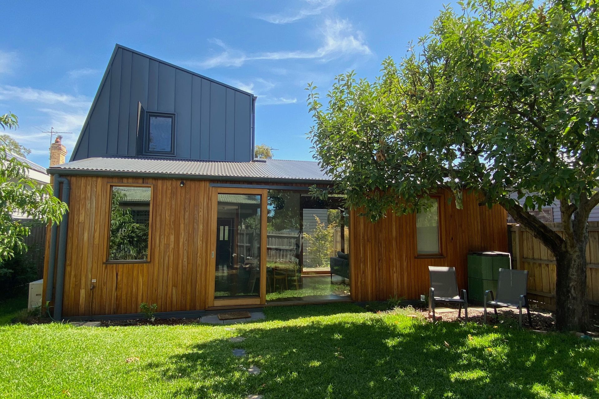 The building form has been kept low at the back of the house to minimise overshadowing the garden