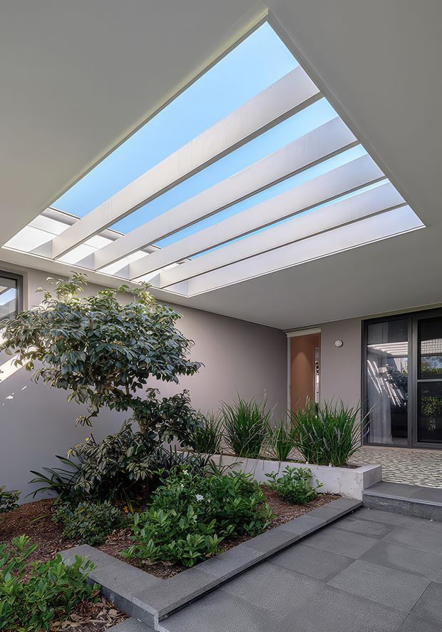 A contemporary residential entry courtyard viewed from outdoors, featuring a large glazed skylight with white structural beams, a covered entry, dark-framed glazing and door, raised concrete garden beds, dense planting, and dark grey paved flooring.