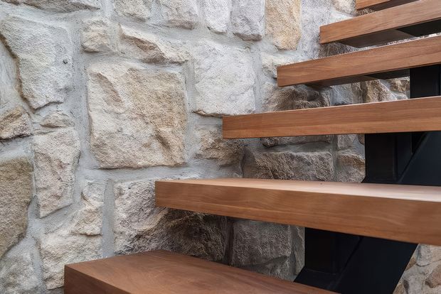 Close-up architectural detail of an open-riser staircase with thick warm timber treads and stringer elements set against a rugged, light natural-stone masonry wall. The composition highlights the contrast between the organic stone texture, refined wood, and dark structural support.