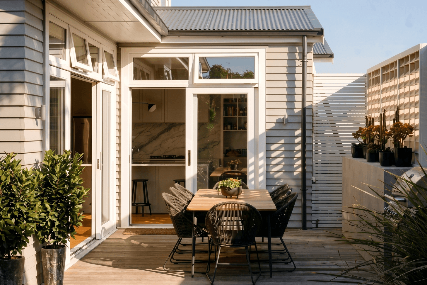 The contemporary rear extension opens to a generous outdoor dining terrace. Grey weatherboards, timber joinery and a corrugated metal roof complement the original bungalow while a privacy screen creates a sheltered outdoor room