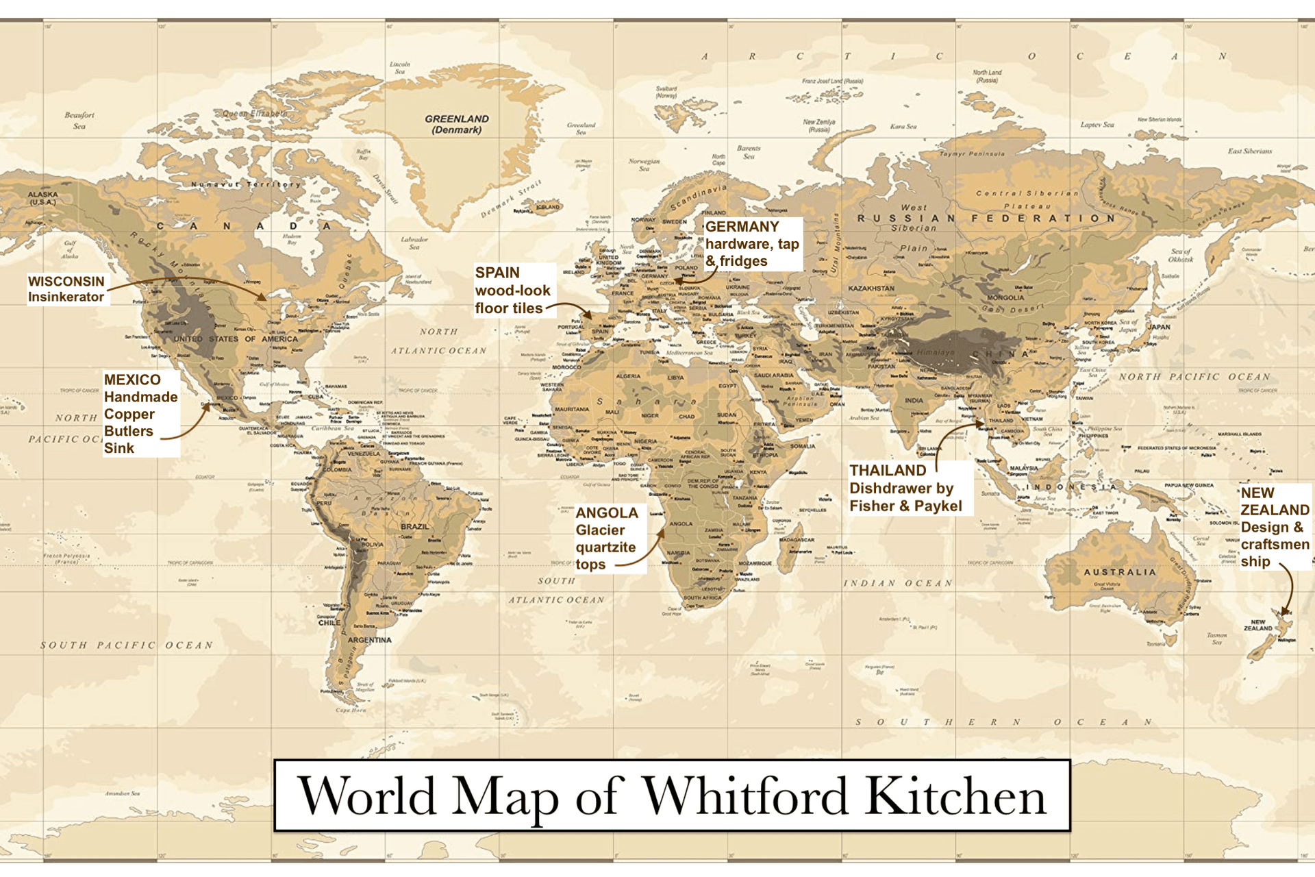 A bit of fun!  Awaiting the import of the copper sink from Mexico, I realised materials and products within the kitchen were from most continents!