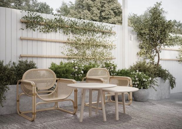 A serene outdoor courtyard seating area with woven rattan lounge chairs and small light-wood tables arranged on a textured paved surface. A pale vertical-panel boundary wall features horizontal timber trellises with climbing greenery, while raised concrete planters contain shrubs and small trees.