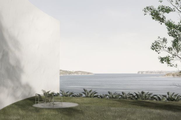 A minimalist white architectural wall or pavilion sits beside a waterfront lawn, with simple outdoor seating and tropical planting overlooking calm water and a distant shoreline. The scene is presented in a quiet, refined architectural rendering style with soft, muted natural light.