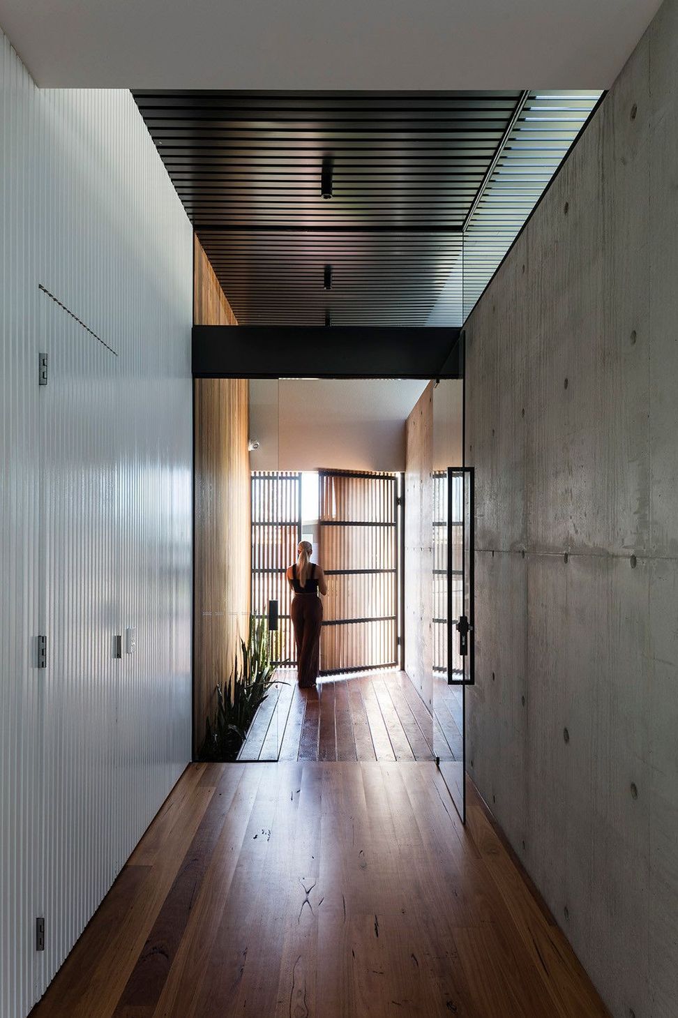 Morrison Residence - Entry. Timber pivot door within off-form concrete walls.