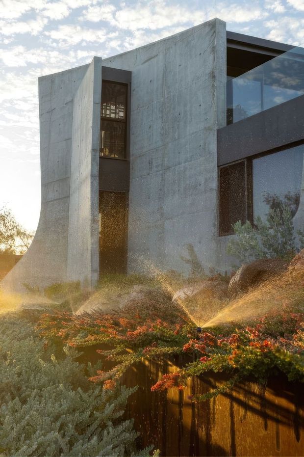 Exterior architectural photograph of a contemporary, angular residence composed of monolithic exposed concrete walls, dark-framed glazing, and a projecting flat roof. The house is set on a landscaped sloping site with dense flowering planting and active garden sprinklers, captured in warm low sunlight.