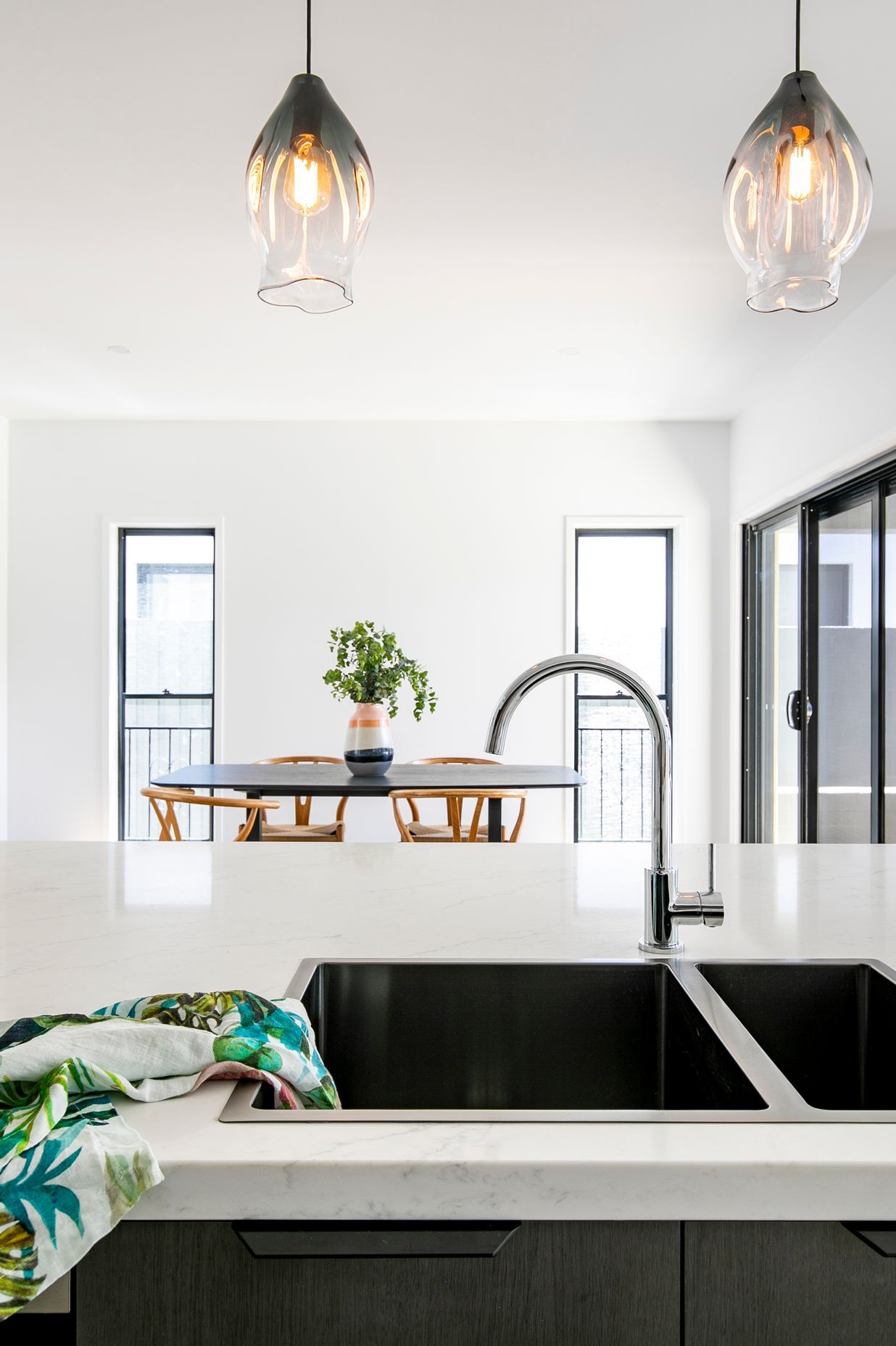 Photography: Rachael Lane | Clayfield Kitchen features our Polished Chrome Round Kitchen Mixer Tap (SKU: MK03-C) paired with a Lavello Brushed Nickel Kitchen Sink (SKU: MKSP-D670440-NK)