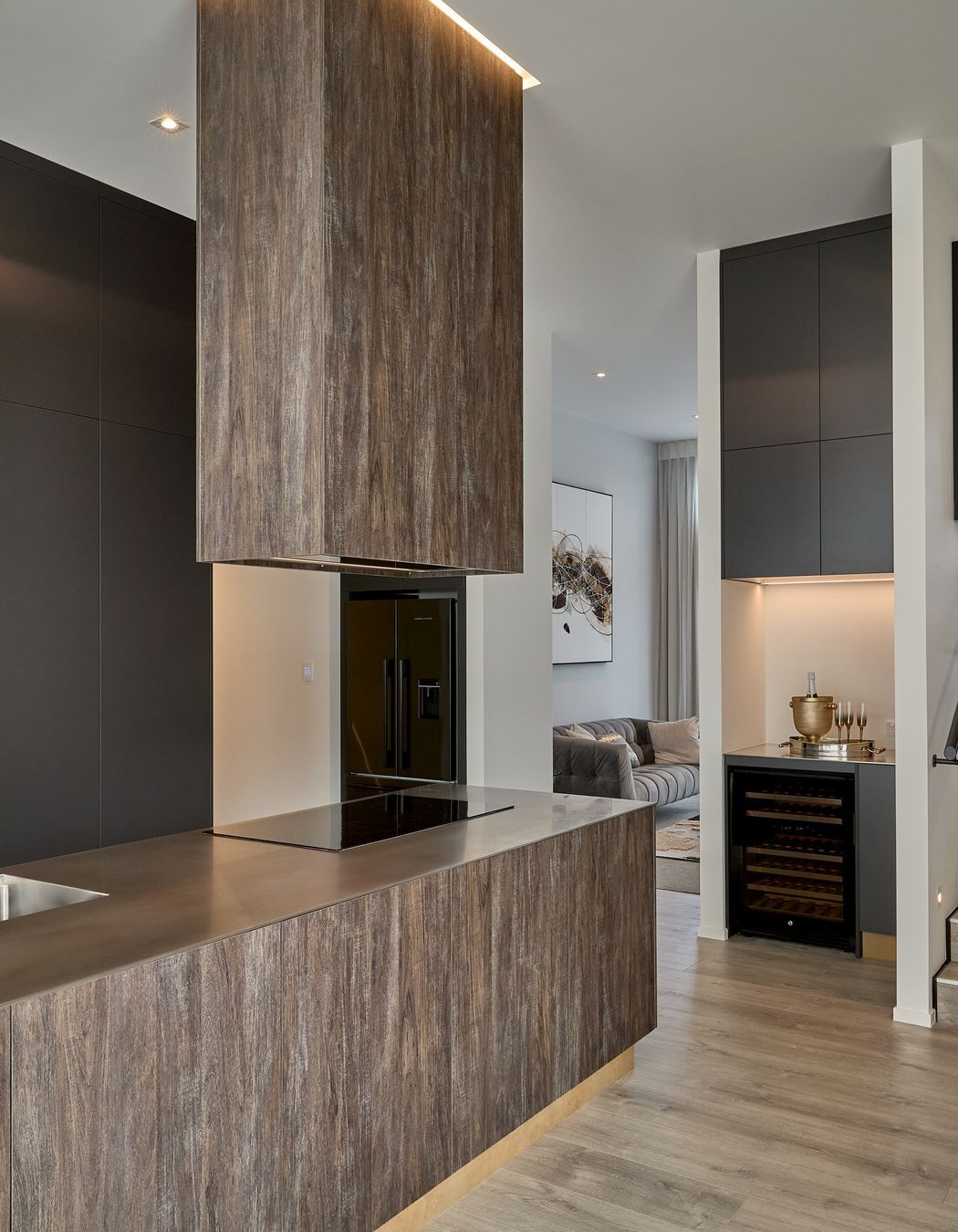 Bestwood Melamine Blackened Teak, Carbon and Alchemy. Design by Isla Ross, Interior Fittings Ltd