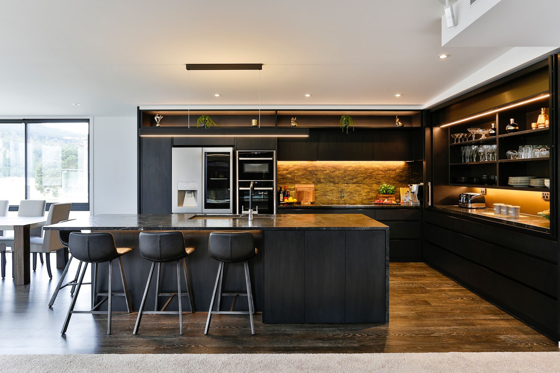 Bestwood Melamine, Black Wilderness. Design by Carly Mohan-Druce, Mastercraft Kitchens Whangamata.