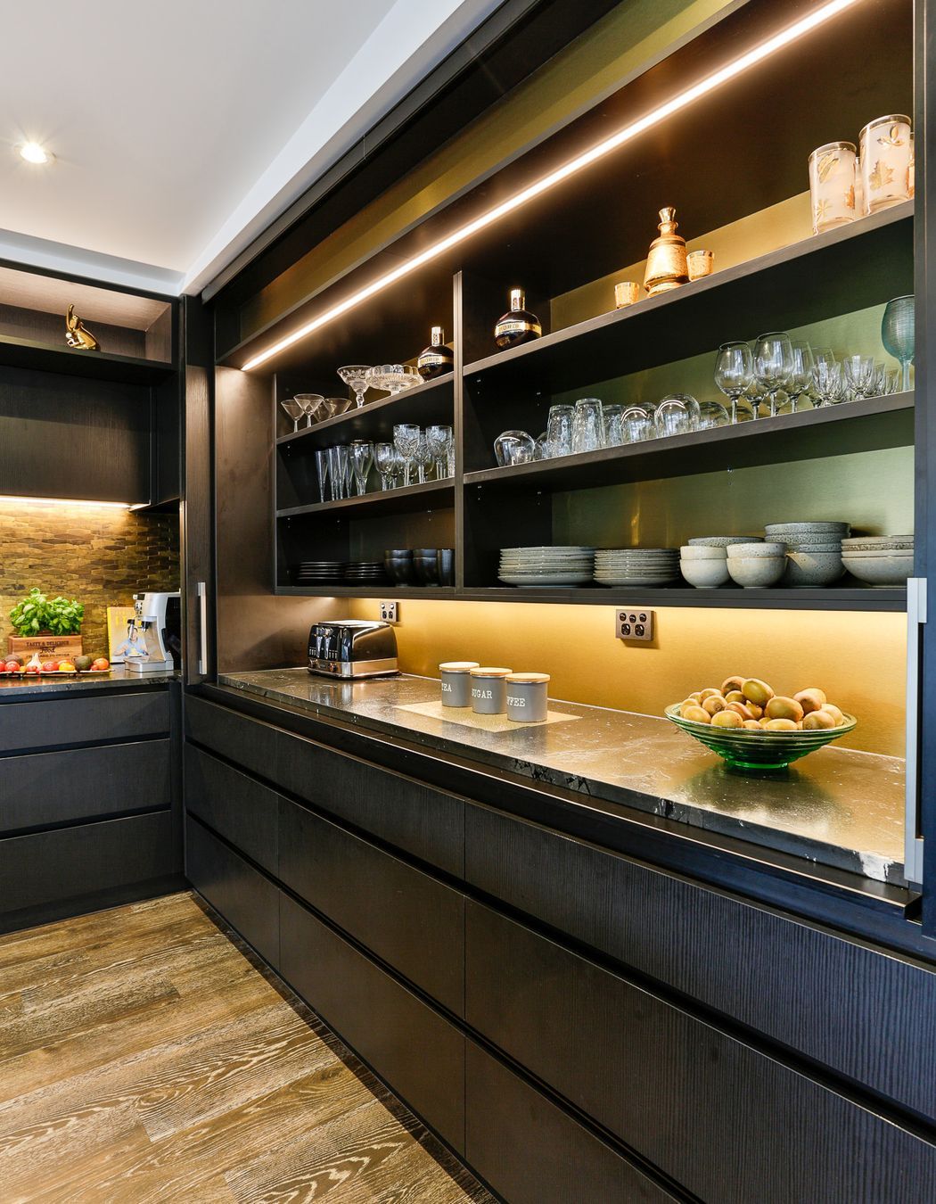 Bestwood Melamine, Black Wilderness. Design by Carly Mohan-Druce, Mastercraft Kitchens Whangamata.