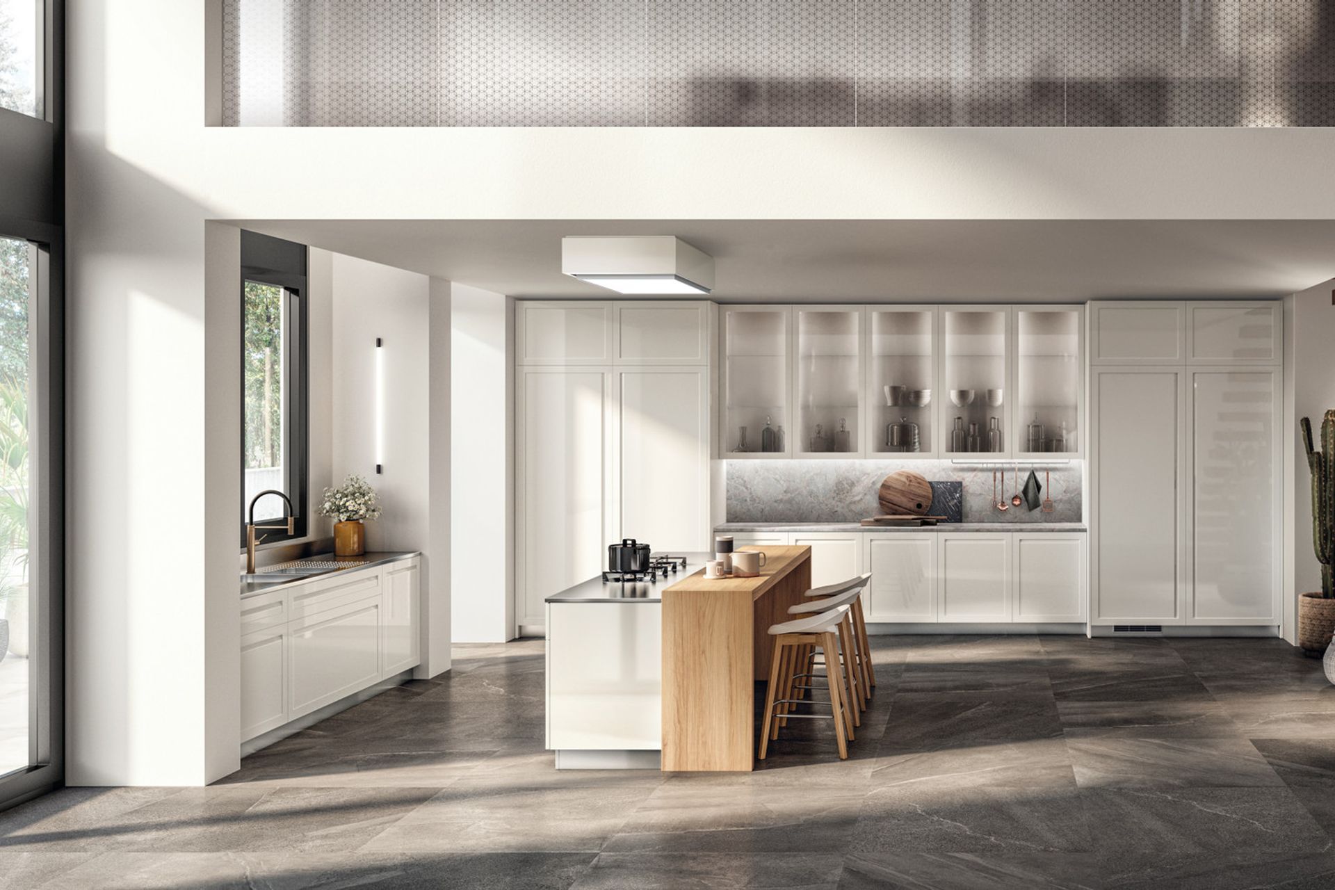 Outstanding chromatic harmony thanks to the combination of the Prestige White glossy lacquered finish applied to the doors with the fior di Pesco Carnico marble. Satin-finish Steel and Nordic Oak veneered tops