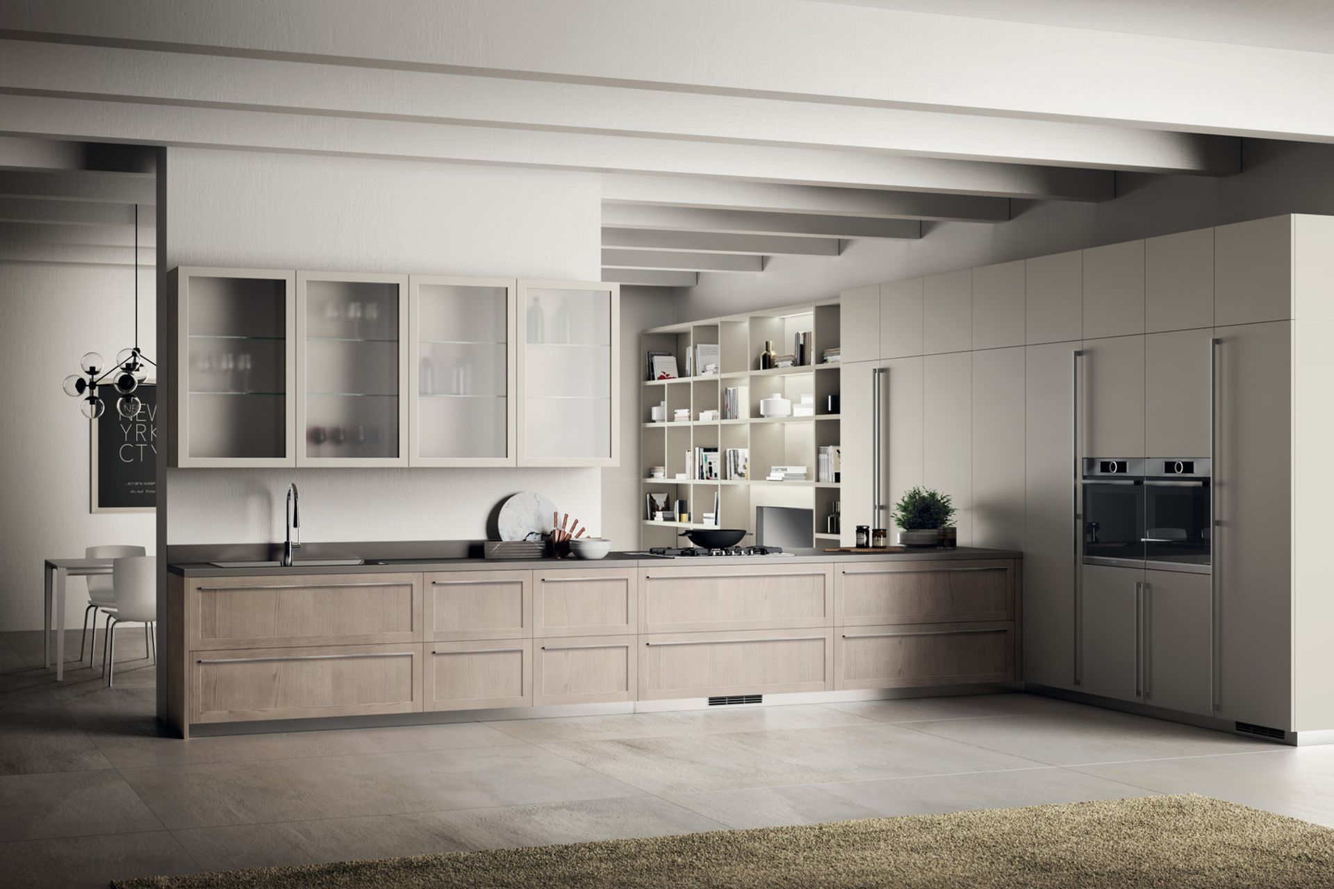 Structures, materials and nuances in perfect synch. Base units with Arena Ash frame door, with a more traditional feel, are teamed with wall and tall units with Dove Grey matt lacquered plain doors. The satin finish glass used on the wall units of this Carattere composition creates an appealing game of transparencies.