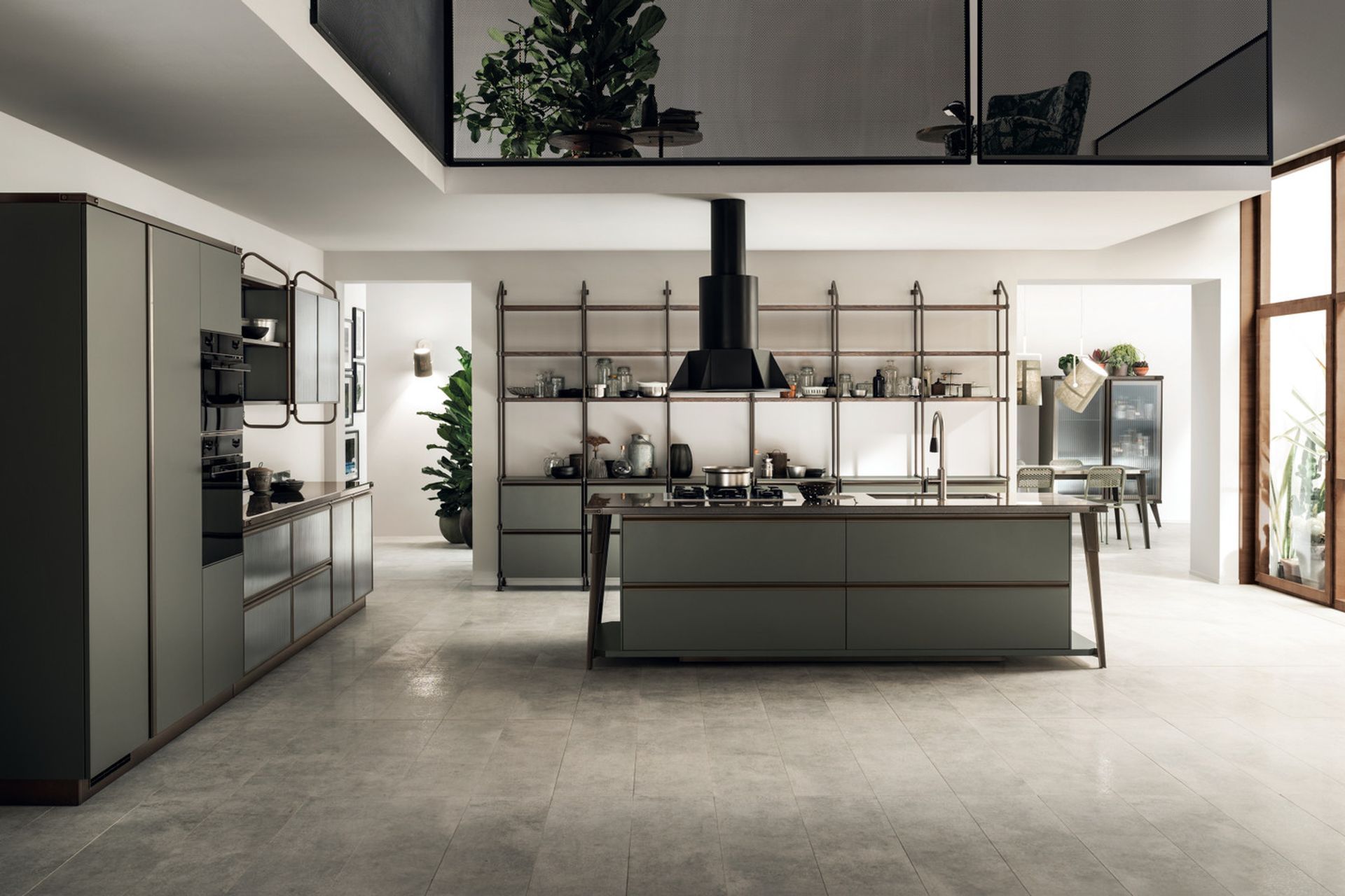 The Mineral Green version of this composition is an example of how a colour code, applied to the same project, can reveal entirely different universes of style. Matt lacquered door and Ribbed Glass for minimal contemporary taste...just the thing for contemporary settings.