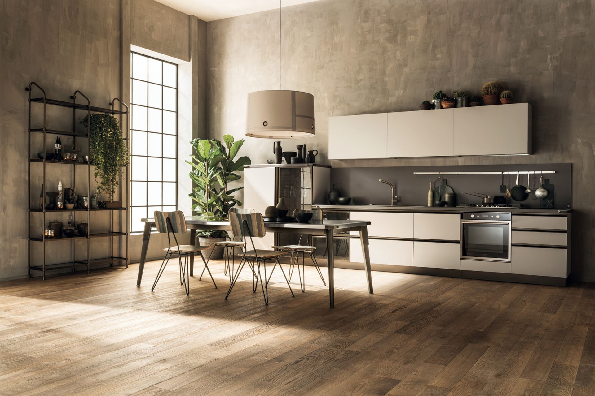 Simplicity, without foregoing Diesel style: Satin finish Moka Lapitec® top and the version in Smoky Glass with black mesh, combined with the base unit and mediumheight unit doors, distinguish this kitchen in Soft Beige decorative melamine.