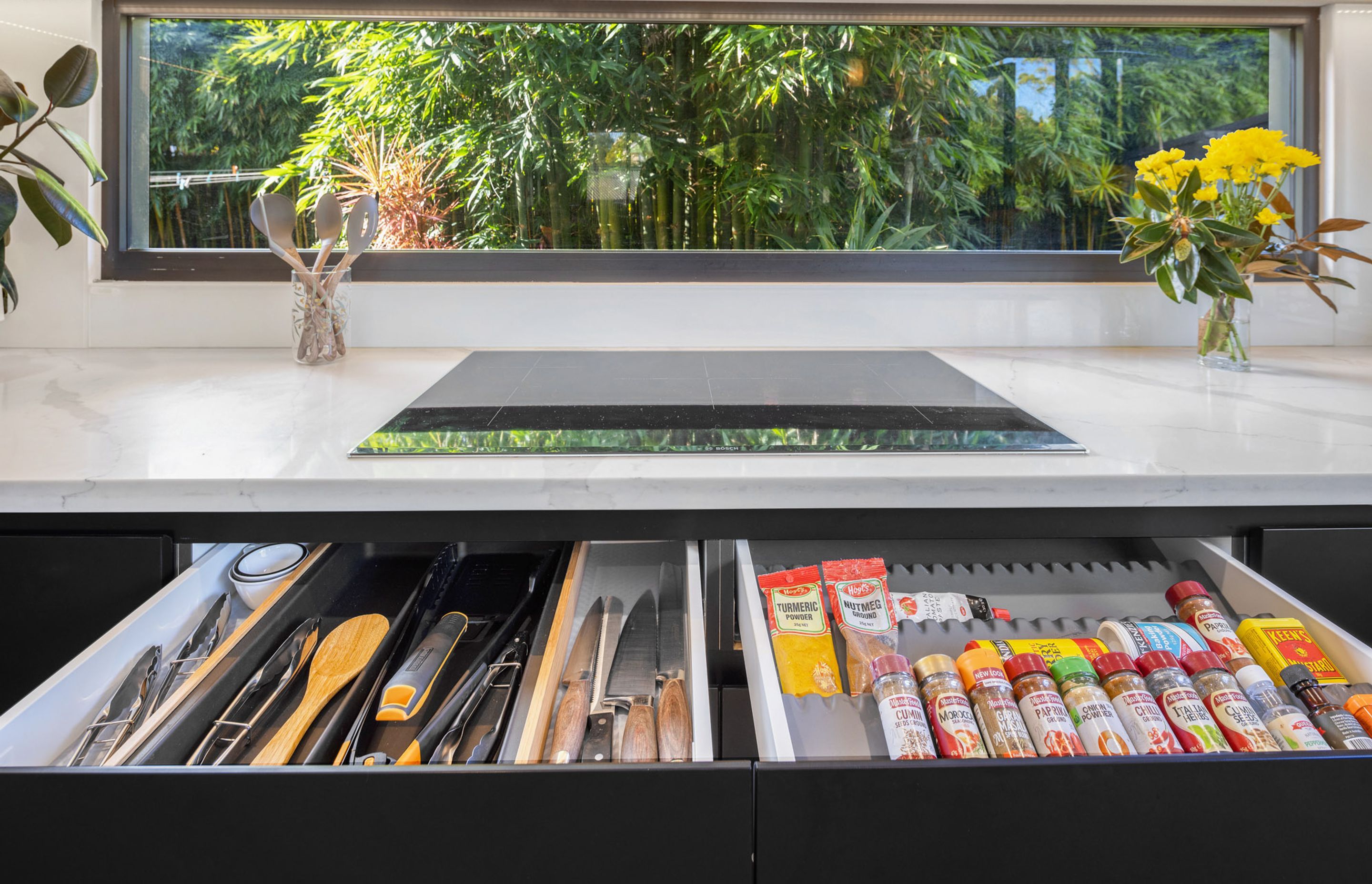 SILENCIO Multi-purpose tray and wooden frame | Salsa spice insert in Anthracite 1300MM X 550MM | Linea cutlery insert 500 / 60 in Anthracite 500-540 | Evostone support bracket  250 x 250MM