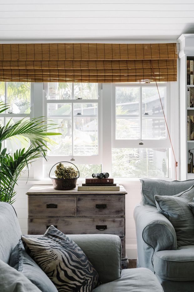 Bright living room with large white-framed windows, woven timber roller blinds, pale upholstered sofas, a weathered timber chest of drawers, and a large tropical plant. The room has a relaxed, layered coastal character with soft grey-blue furnishings and natural materials.