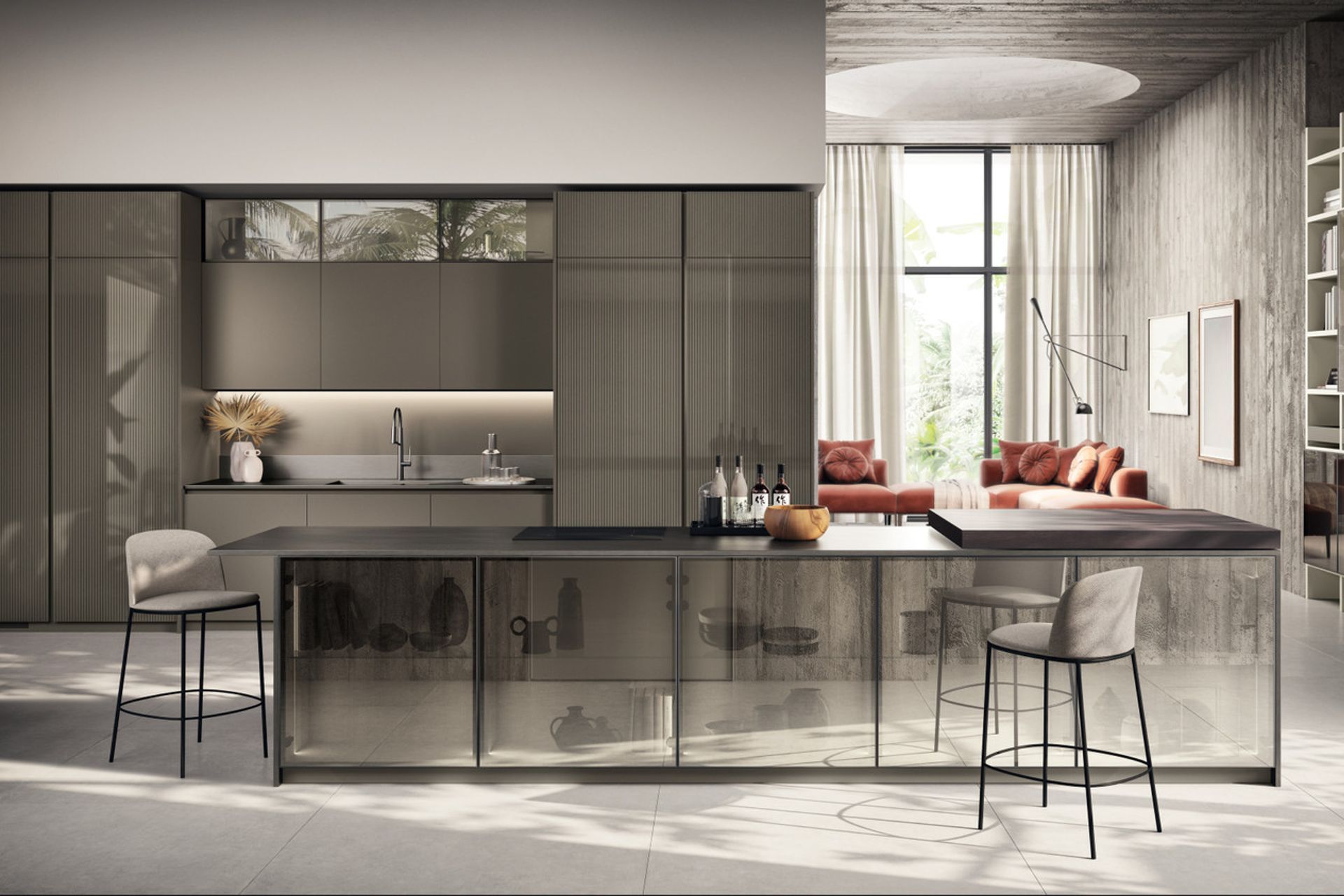 Cuvée pearl-effect matt lacquered and glossy lacquered slat door; Round horizontal and vertical recessed grip profile matt lacquered in the same colour as the door.