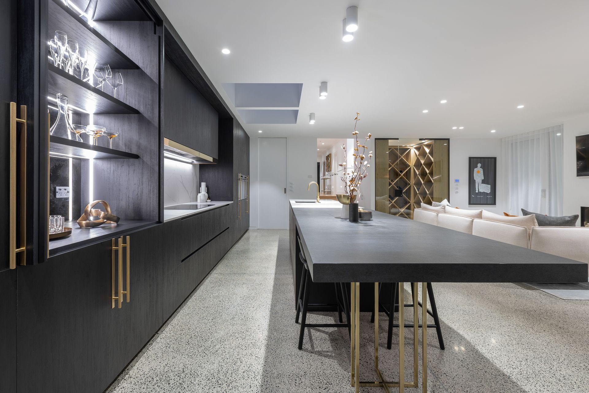 Prime Melamine, Black - Timberland. Prime Stone, Statuario Venato - Leather. Design by Leonie Hamill and Melanie Sa'u, Cube dentro.