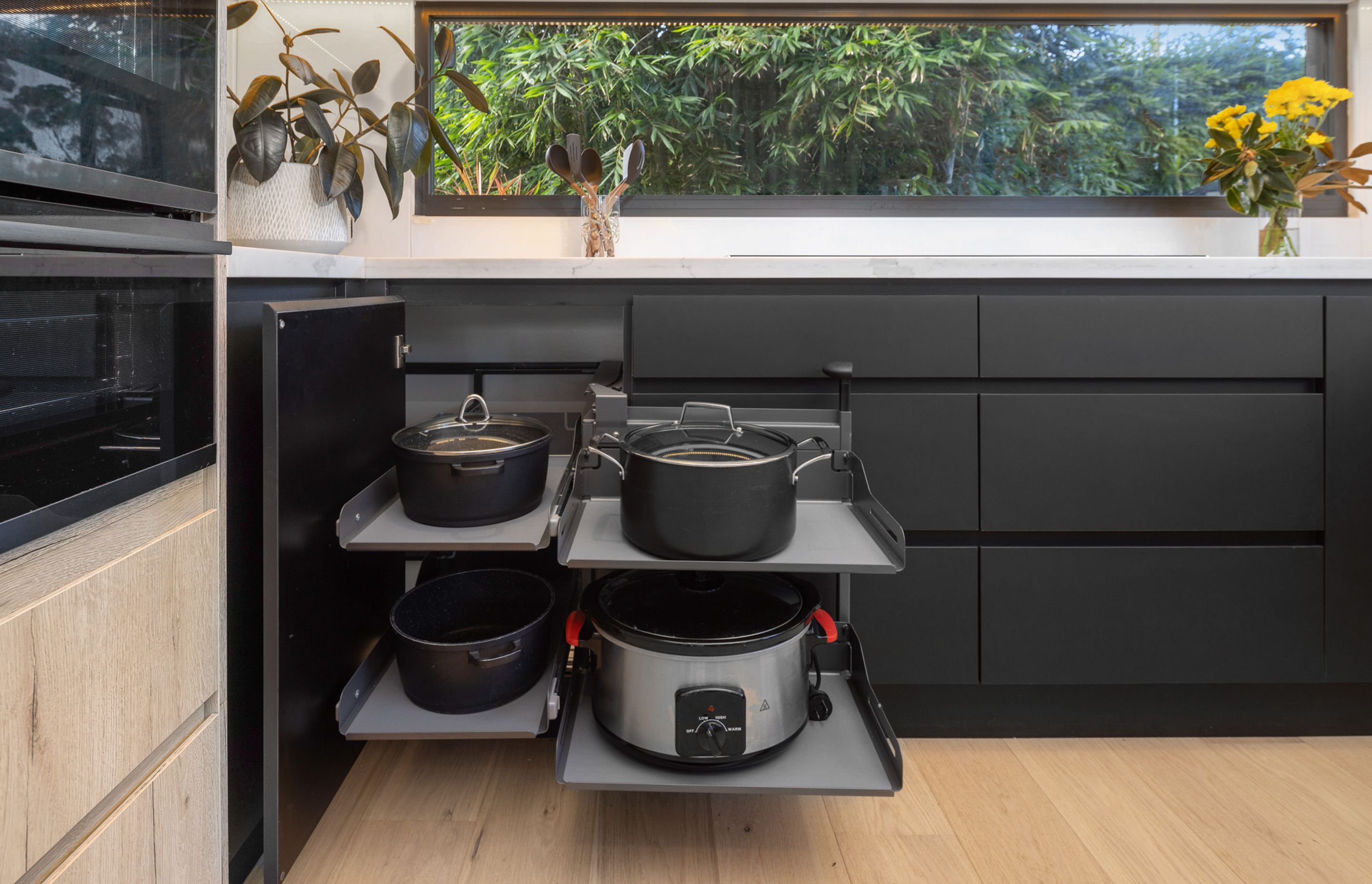 Peka Corner Comfort Pull-out System in Anthracite.  Krome Premium Drawer Runners.