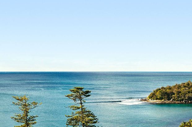A wide coastal landscape view showing calm turquoise ocean, a clear blue sky, rocky headlands with dense vegetation, and coastal trees in the foreground. No building or architectural space is visible.