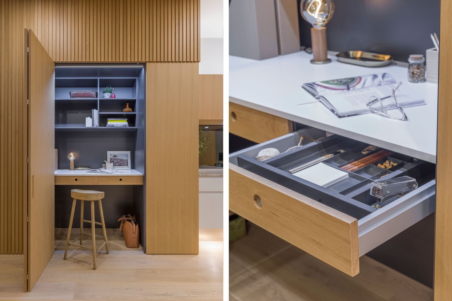 To encourage family connections, a hidden home-planning zone doubles for both home craft and games. Two solid oak drawers inside are exquisitely crafted with simple round finger openings and a place for everything.