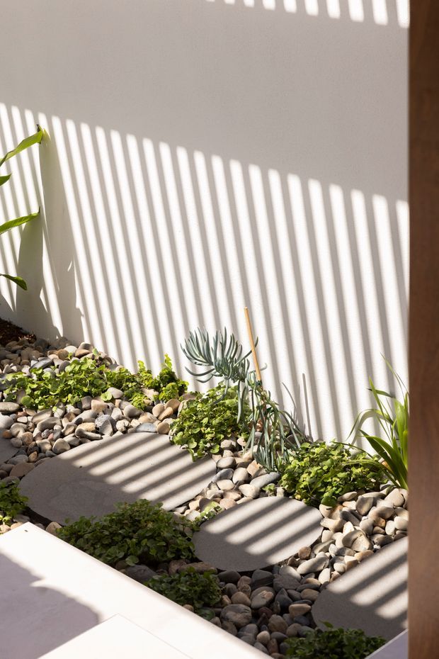 A sunlit minimalist courtyard garden viewed from beside an interior threshold. A pale rendered wall and timber-toned vertical edge frame a narrow landscaped space filled with smooth river stones, stepping pavers, and low green planting including succulents. Strong linear shadows from slatted screening create a patterned light-and-shadow effect across the wall, stones, and paving.
