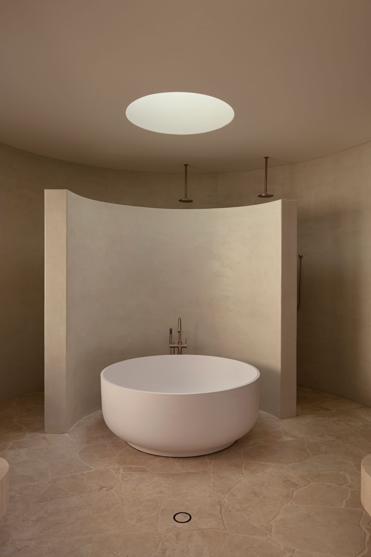 Photography: David Chatfield | Featured: Arcos Master Ensuite ~ Day and Night | Meir Champagne Round Freestanding Bath Spout &amp; Hand Shower (SKU: MB09-CH) + Meir Round Ceiling Shower Dropper (SKU: MA0704-450-CH)+ Meir Champagne Round Shower on Rail Col