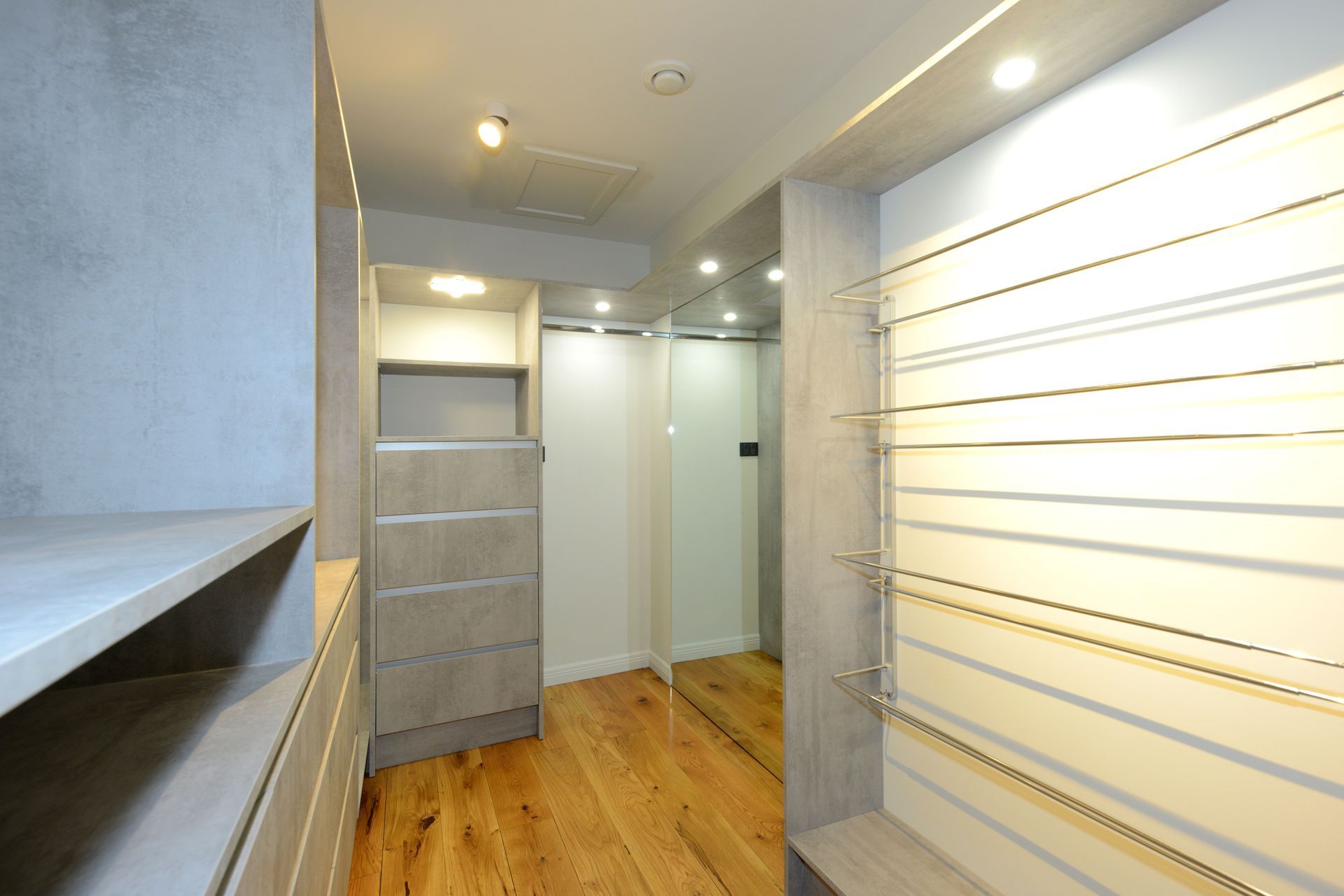 Great Storage in The Wardrobe or Dressing Room, with Ritma Soft Close Drawers in the Background and, on the Left, Ambos Shoe Racks.