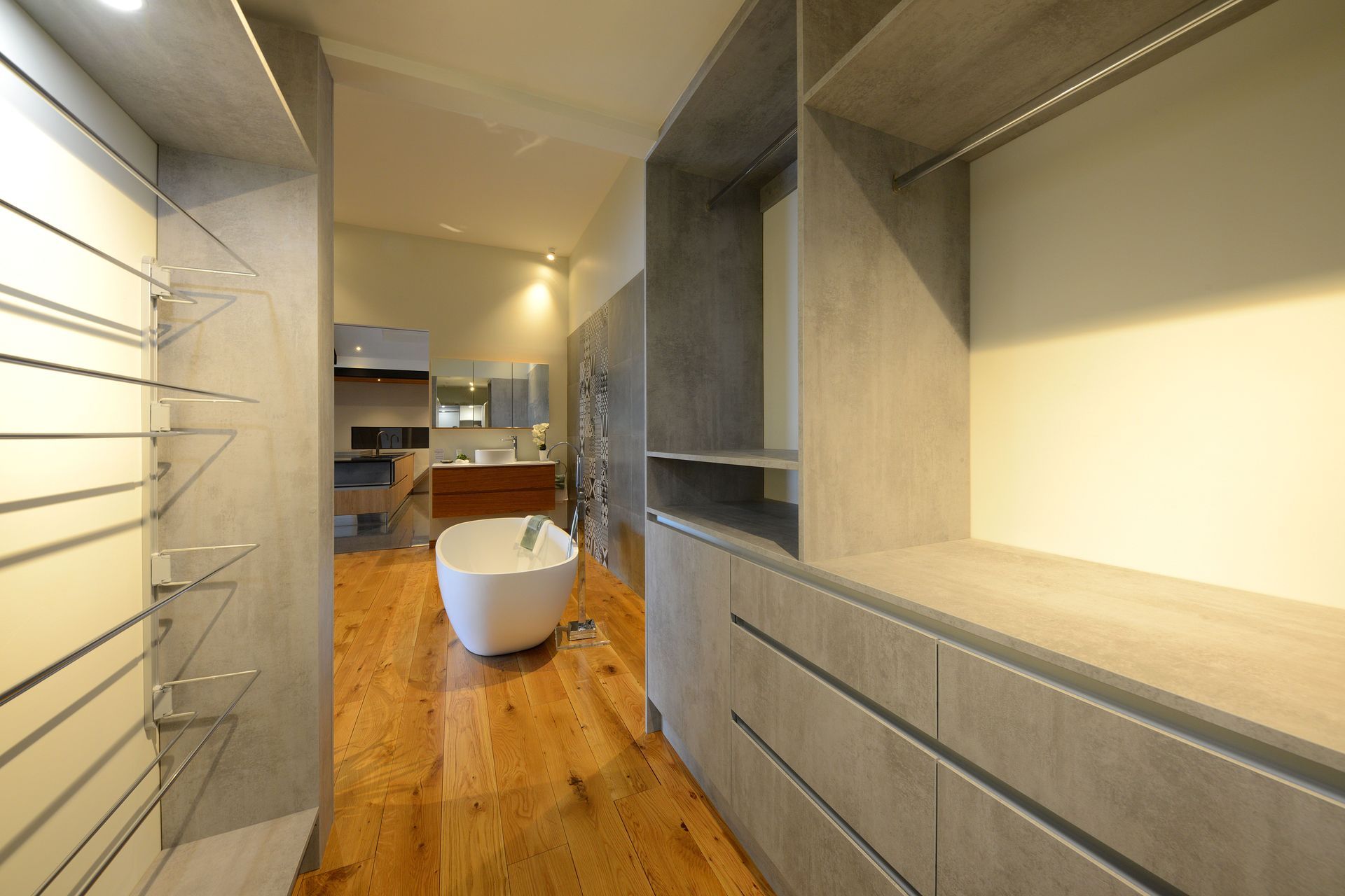 Ritma Soft Close Drawers on the Right and Ambos Shoe Racks on the Left, for Stylish and Effective Wardrobe Storage.