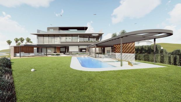 A large contemporary multi-level residence viewed from the landscaped rear yard, with extensive floor-to-ceiling glazing, broad cantilevered roof forms, a curved oval-roof carport or covered outdoor structure, timber screening, and a swimming pool in the foreground. The building sits within an open suburban or semi-rural landscape with manicured lawn and hedging.