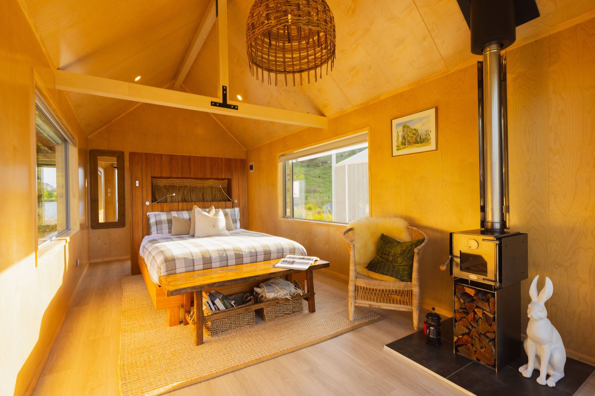 Gable ceiling and feature laminated poplar ply beam create a beautiful open space