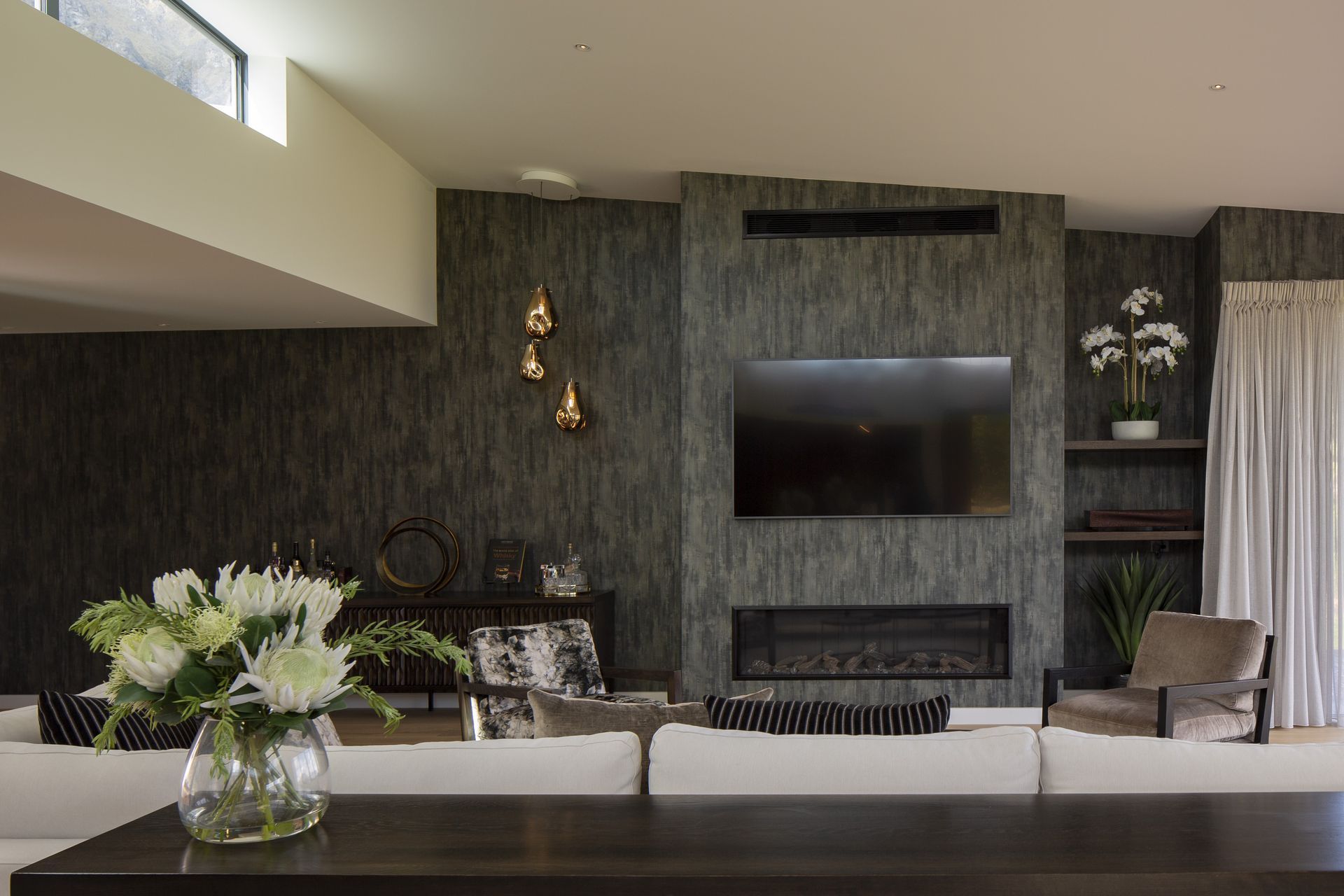 Trenzseater Threads - Falling Water Charcoal Wallpaper &amp; The Moroccan Glass Globes