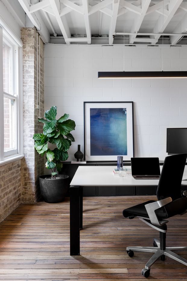 A bright industrial-style home office with exposed white-painted roof framing and services, white painted brick walls, exposed brick around a tall window, and warm timber plank flooring. A large white desk with black legs, laptop, office chair, framed artwork, low black storage, a wall-mounted screen, and a large potted plant create a clean, refined workspace.