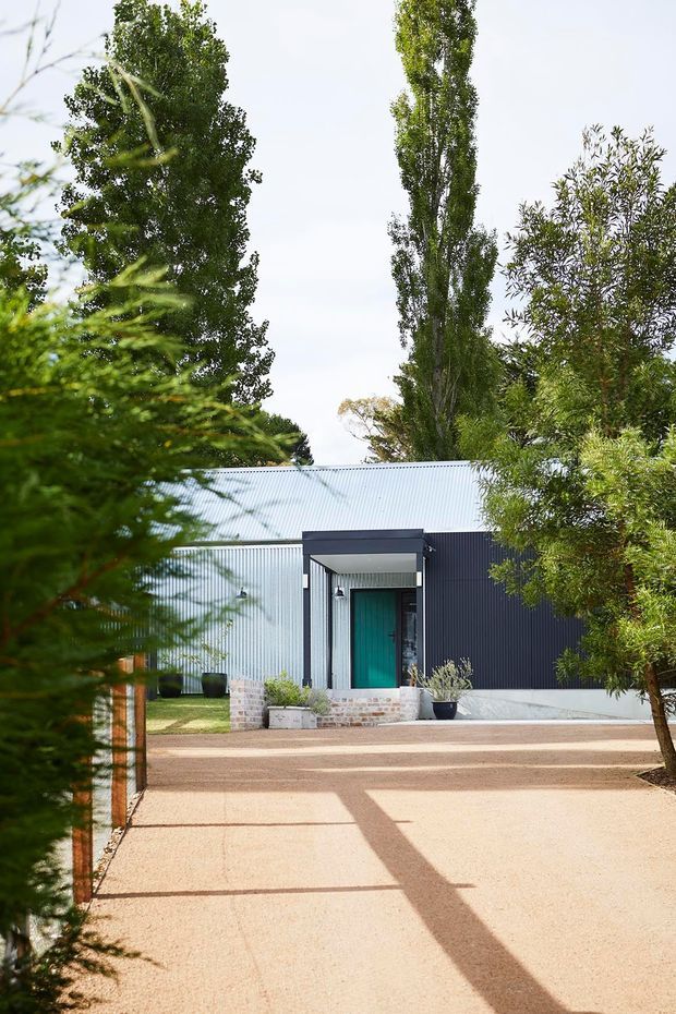 A single-storey contemporary house viewed from the driveway, partially screened by mature trees and landscaping. The home has a corrugated metal roof and light corrugated metal wall cladding combined with a dark charcoal vertical-clad section. A deep charcoal entry portal frames a vivid teal front door, with low brick masonry planter walls and a broad concrete driveway in the foreground.
