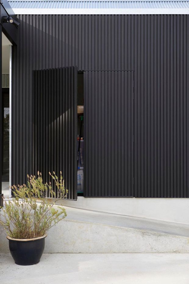 Exterior view of a contemporary dark-clad building with vertical ribbed metal wall panels and a matching tall pivot or sliding door opened into a recessed entry. A corrugated light metal roof edge is visible above, with a concrete threshold, raised concrete plinth, and a potted plant in the foreground.