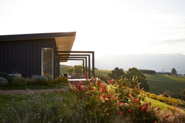 A contemporary single-storey house is viewed from the landscaped garden, with dark vertical cladding, broad roof overhangs and a projecting pergola framing an outdoor terrace. The home sits in an open rural landscape with rolling fields and distant hills, while flowering planting fills the foreground. Warm low-angle sunlight creates a tranquil, scenic architectural exterior.