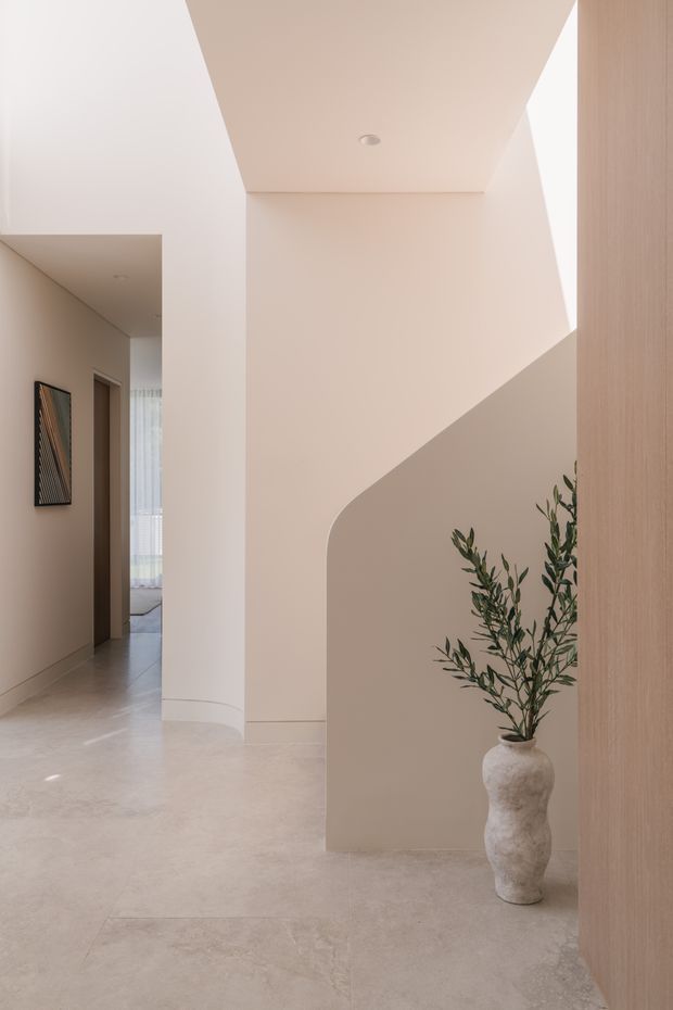 A softly lit minimalist residential hallway or entry space with warm off-white plaster walls, a sculptural curved stair or partition edge, pale stone-look flooring, and a tall light timber wall panel. A sculptural ceramic vase with leafy branches adds a natural accent. A corridor and partially visible room extend to the left.