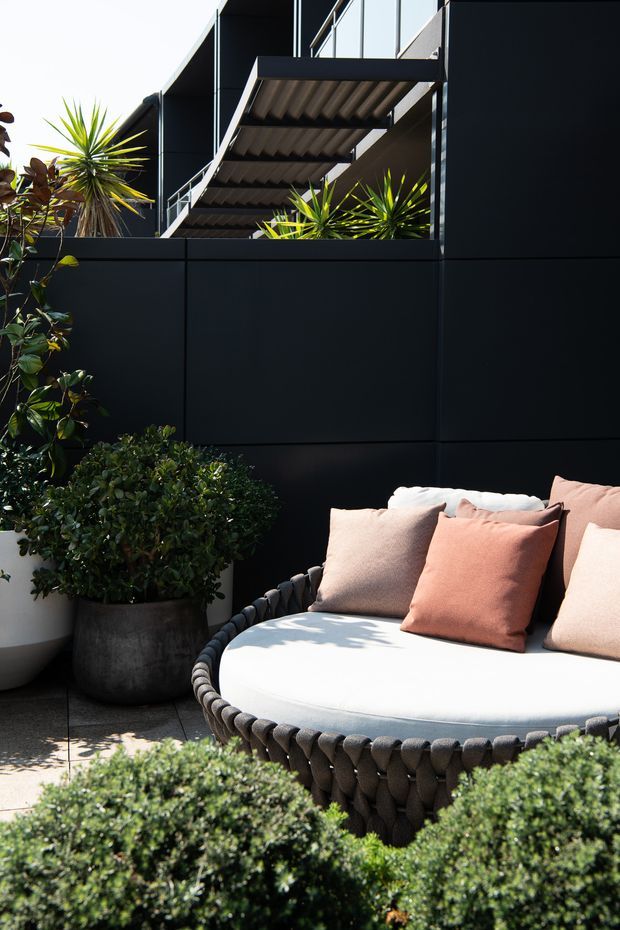 A refined outdoor terrace or courtyard lounge with a large round woven daybed, white cushion, and blush and terracotta pillows. The space is enclosed by a dark charcoal paneled wall and includes sculptural potted plants, clipped hedges, and an overhead corrugated pergola or awning. Bright sunlight creates a sophisticated, private urban outdoor retreat.