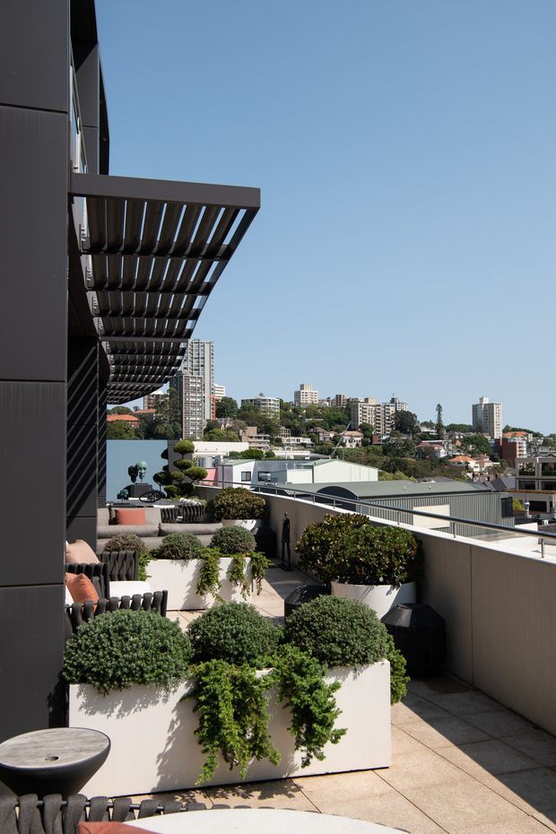 A contemporary elevated terrace overlooking a dense urban neighbourhood. The space features dark cladding, a projecting slatted pergola or louvred canopy, large white planters filled with sculpted shrubs and trailing greenery, outdoor lounge furniture, and pale tiled paving. Mid- and high-rise buildings are visible in the distance under a clear blue sky.