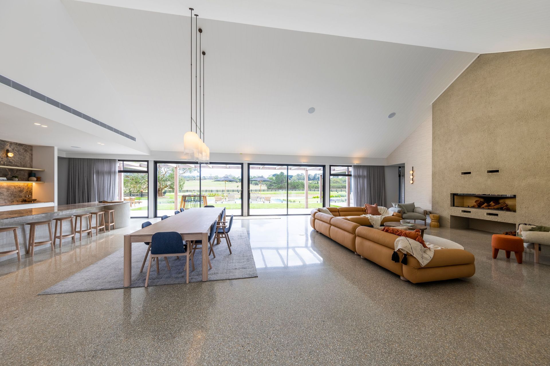At Merricks Farmhouse, open planned living effortlessly combines modern design and spaciousness, creating a versatile and inviting space for seamless living